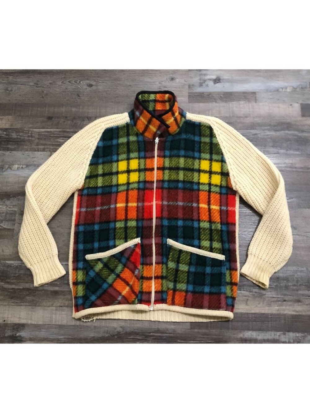 Vtg Vintage Gaeltarra Womens Large Full Zip Multi Color Plaid Sweater